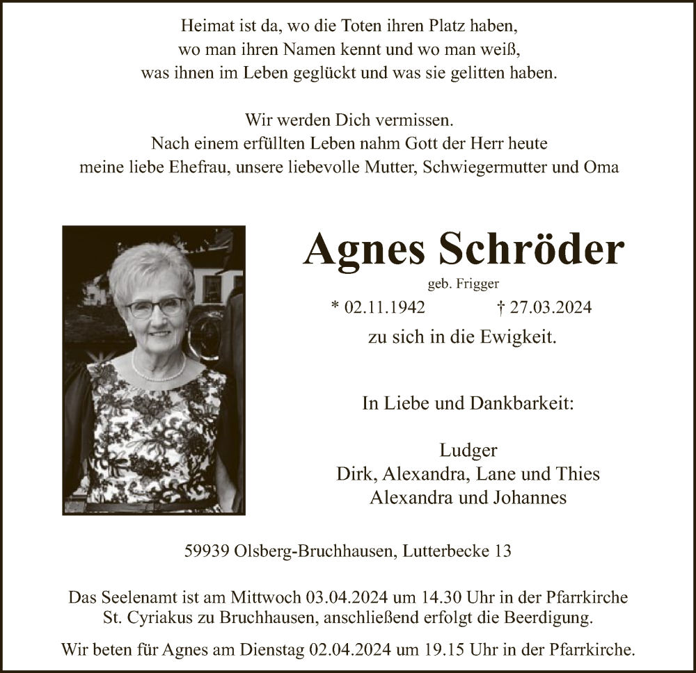  Traueranzeige für Agnes Schröder vom 30.03.2024 aus WA