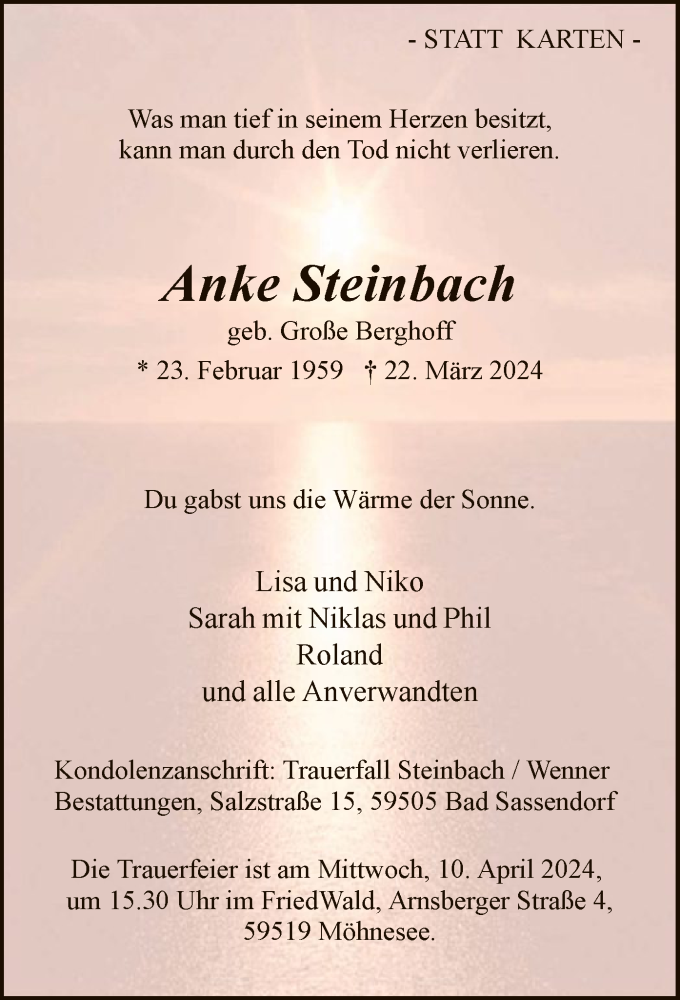  Traueranzeige für Anke Steinbach vom 30.03.2024 aus WA