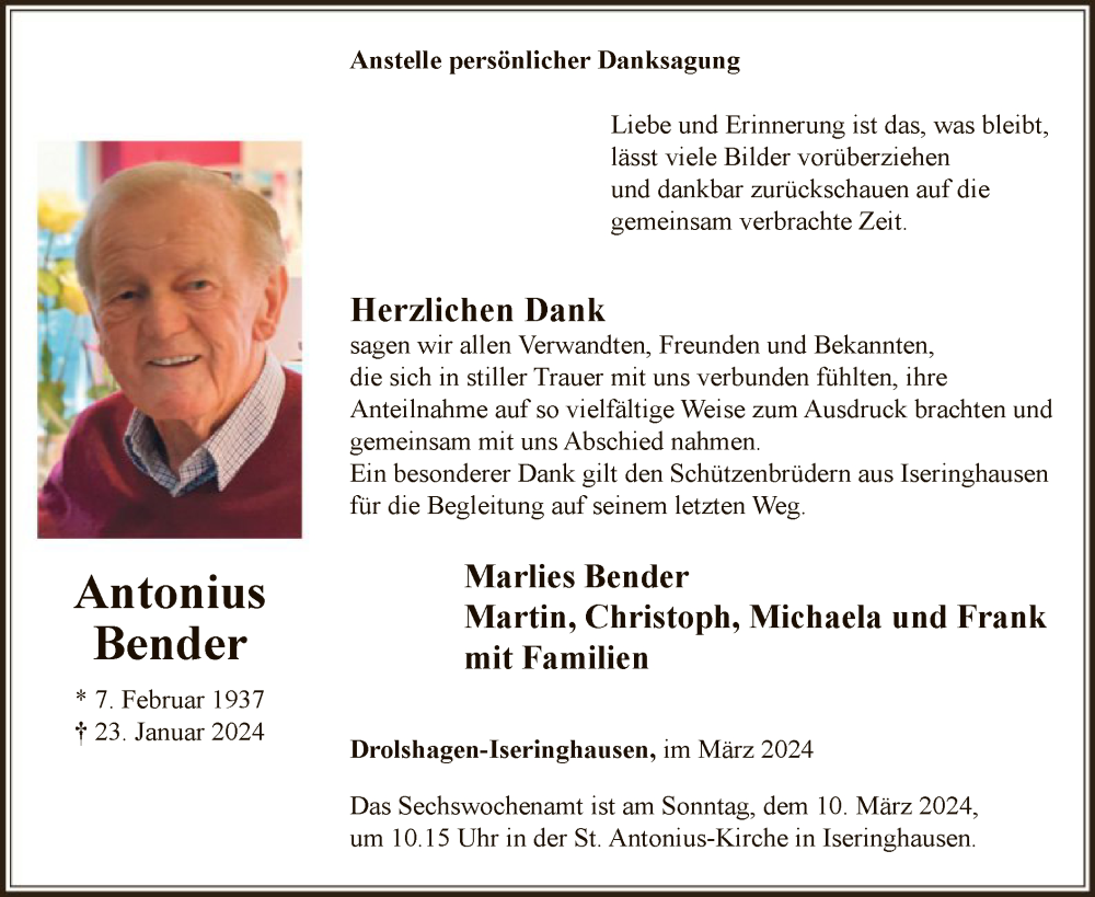  Traueranzeige für Antonius Bender vom 02.03.2024 aus WA