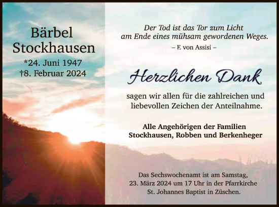 Traueranzeige von Bärbel Stockhausen von WA