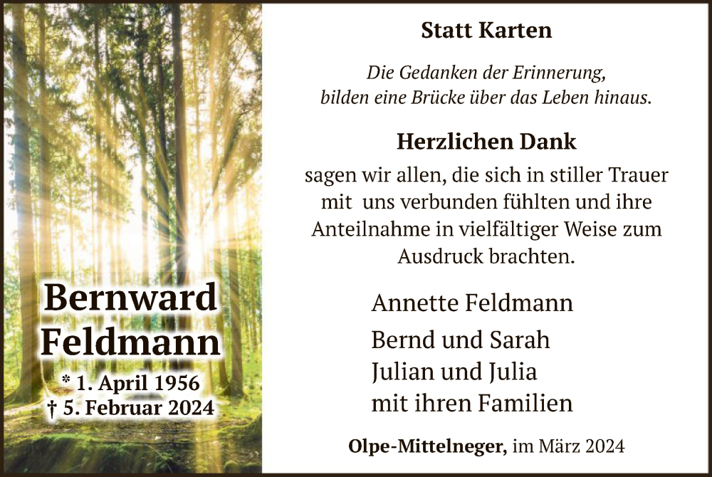  Traueranzeige für Bernward Feldmann vom 02.03.2024 aus WA