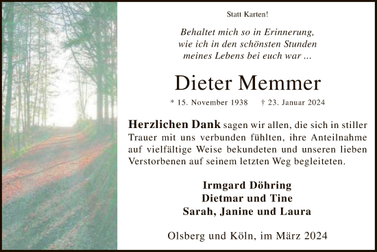 Traueranzeige von Dieter Memmer von WA