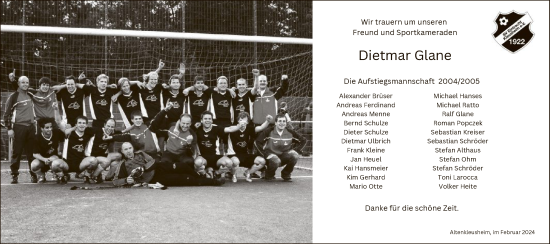 Traueranzeige von Dietmar Glane von WA