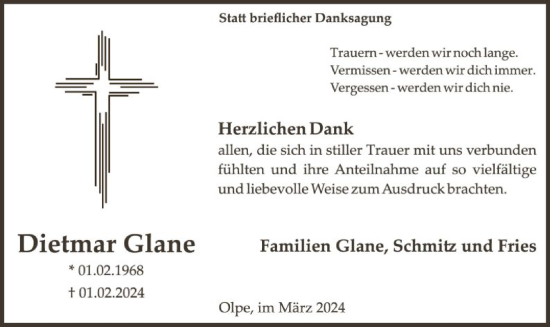 Traueranzeige von Dietmar Glane von WA
