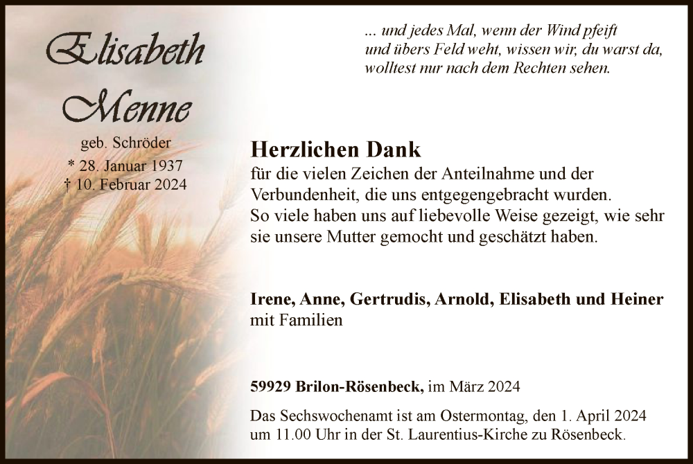  Traueranzeige für Elisabeth Menne vom 23.03.2024 aus WA
