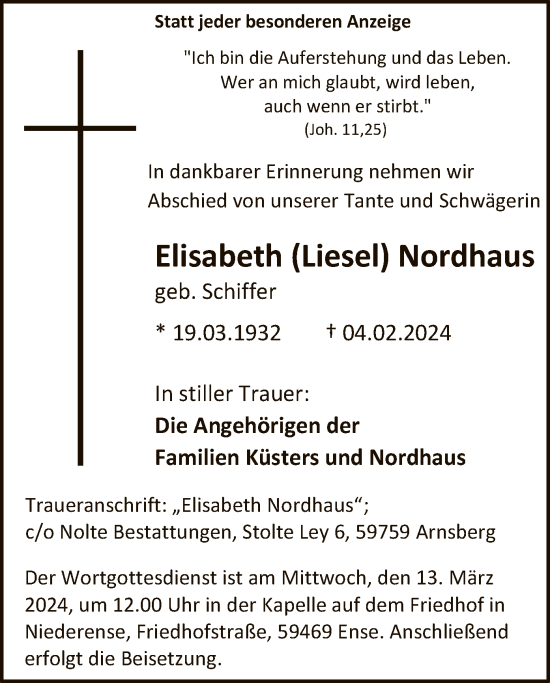 Traueranzeige von Elisabeth Nordhaus von WA