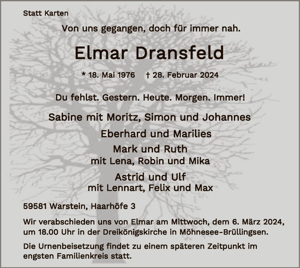  Traueranzeige für Elmar Dransfeld vom 02.03.2024 aus WA