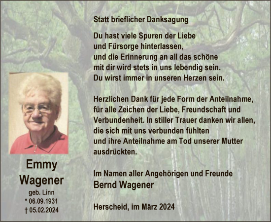Traueranzeige von Emmy Wagener von WA