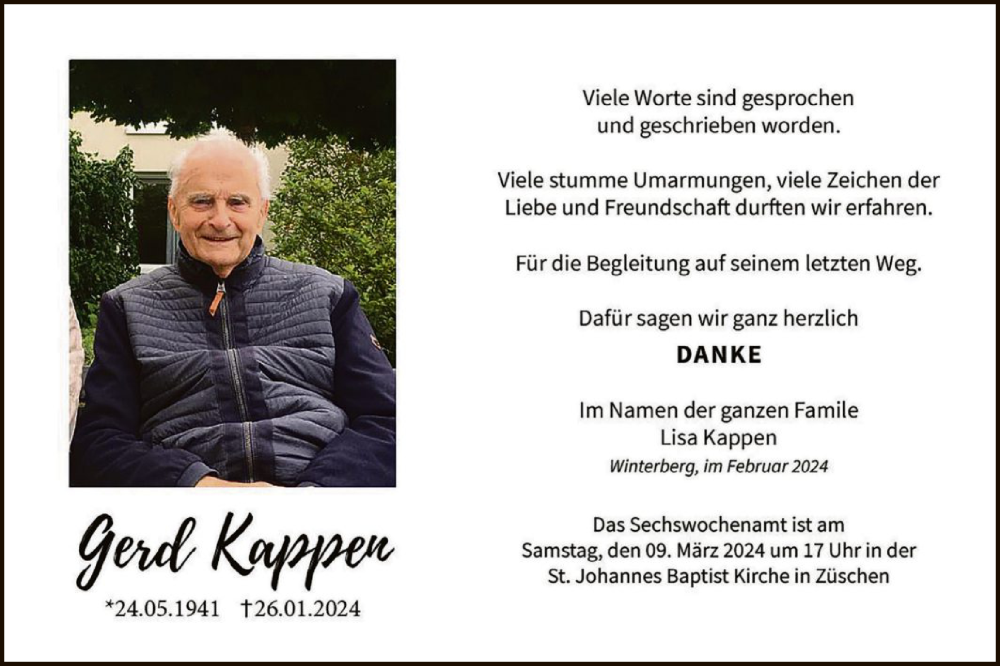  Traueranzeige für Gerd Kappen vom 02.03.2024 aus WA