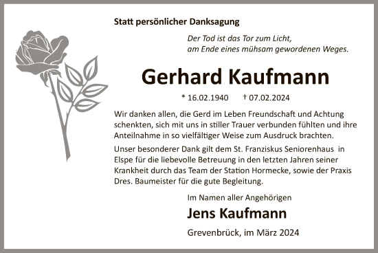 Traueranzeige von Gerhard Kaufmann von WA