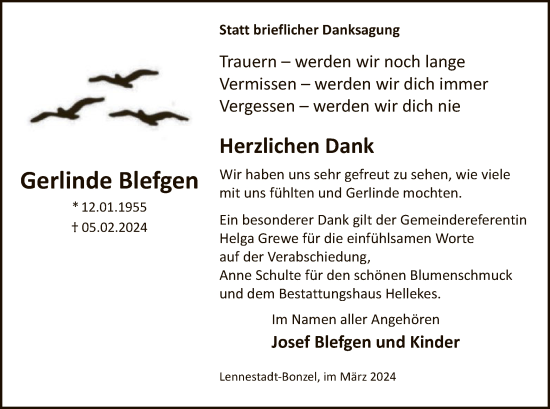 Traueranzeige von Gerlinde Blefgen von WA