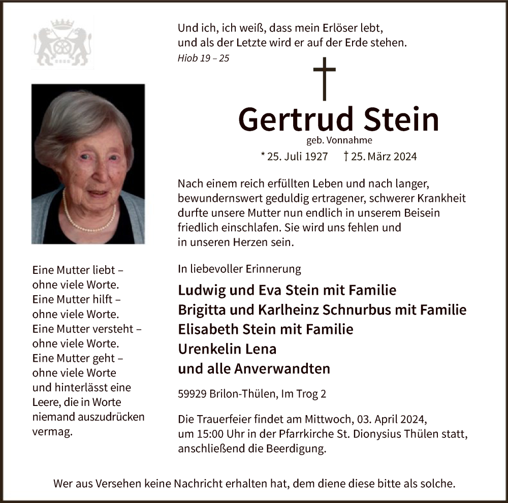  Traueranzeige für Gertrud Stein vom 30.03.2024 aus WA