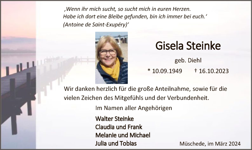  Traueranzeige für Gisela Steinke vom 16.03.2024 aus WA