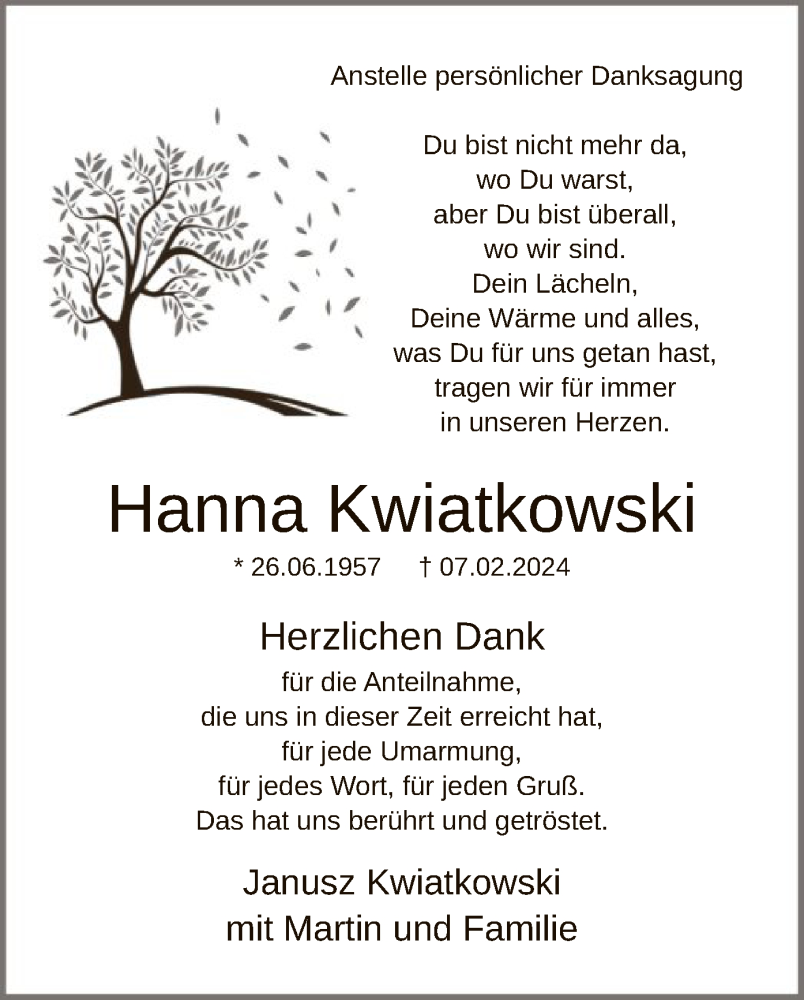  Traueranzeige für Hanna Kwiatkowski vom 02.03.2024 aus WA
