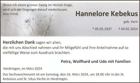 Traueranzeige von Hannelore Kebekus von WA