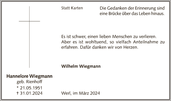 Traueranzeige von Hannelore Wiegmann von WA