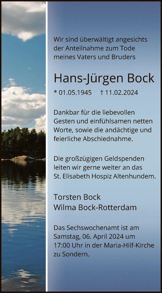 Traueranzeige von Hans-Jürgen Bock von WA