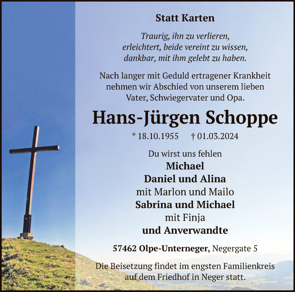  Traueranzeige für Hans-Jürgen Schoppe vom 09.03.2024 aus WA