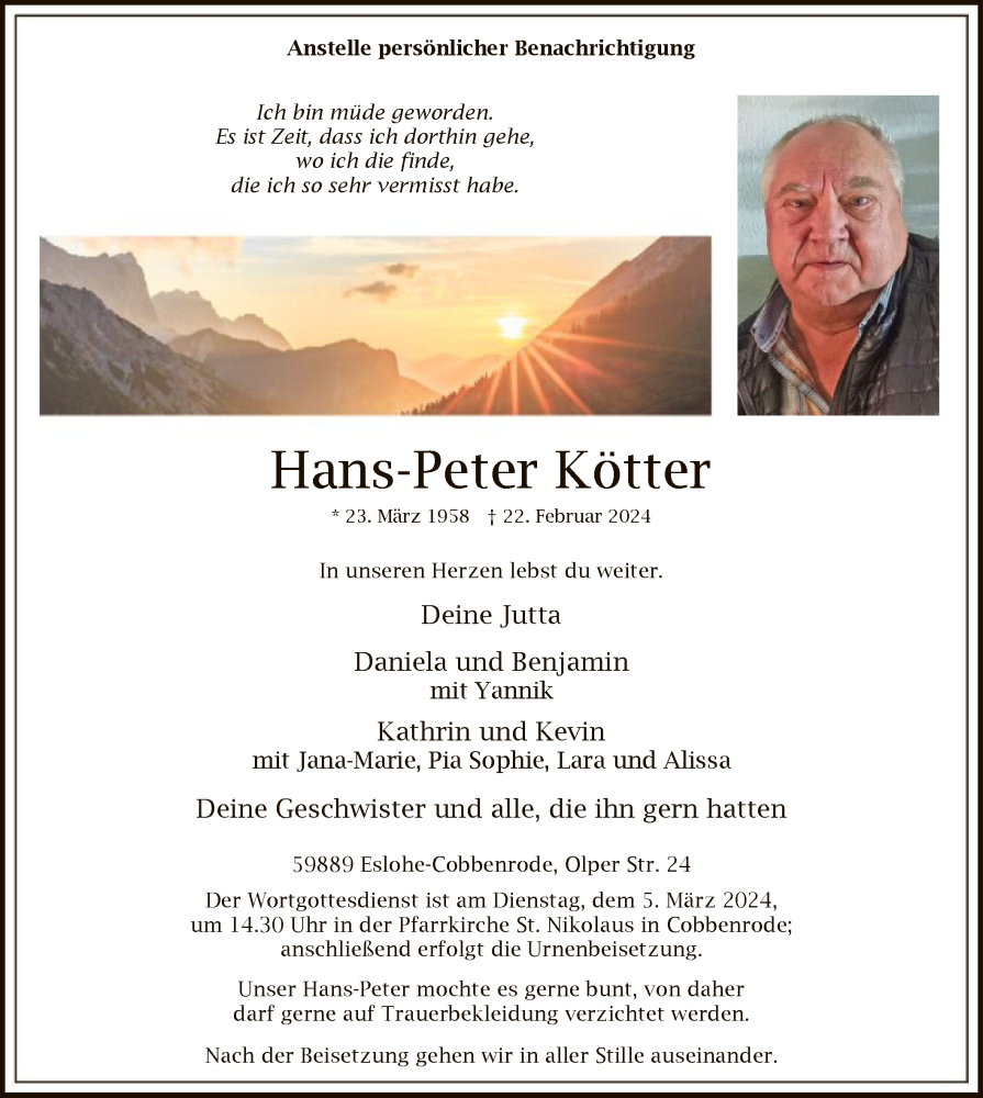  Traueranzeige für Hans-Peter Kötter vom 02.03.2024 aus WA