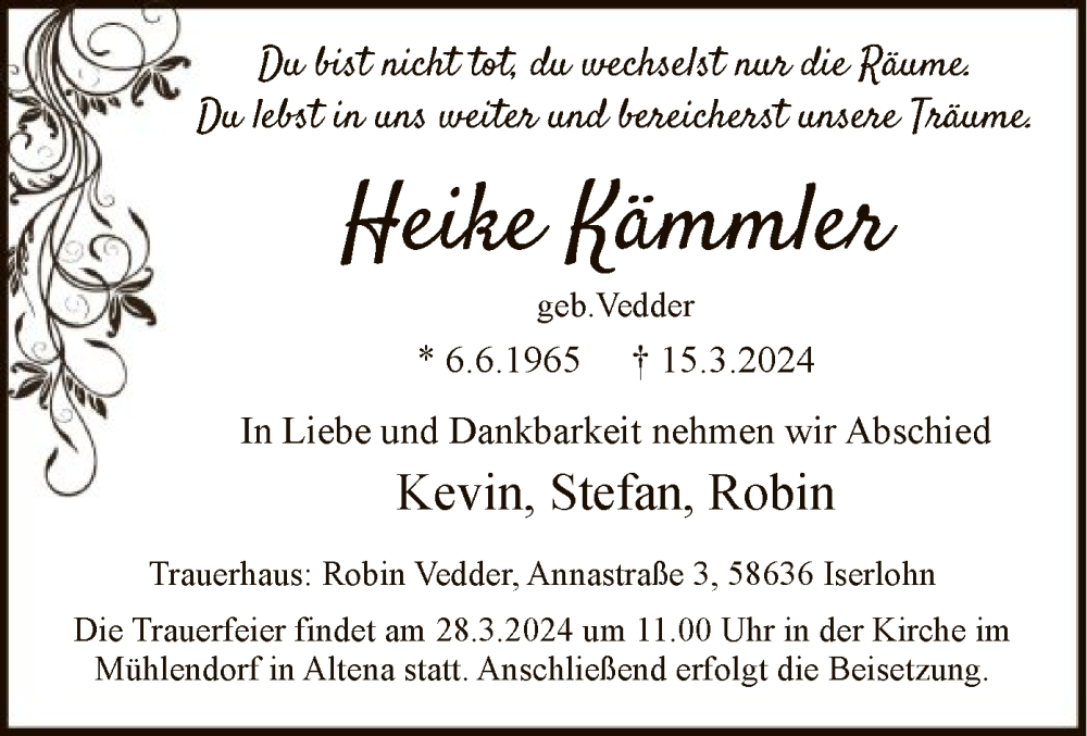  Traueranzeige für Heike Kämmler vom 23.03.2024 aus WA