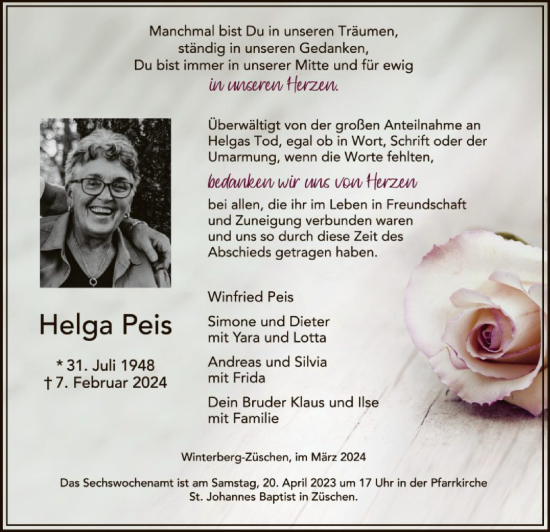 Traueranzeige von Helga Peis von WA