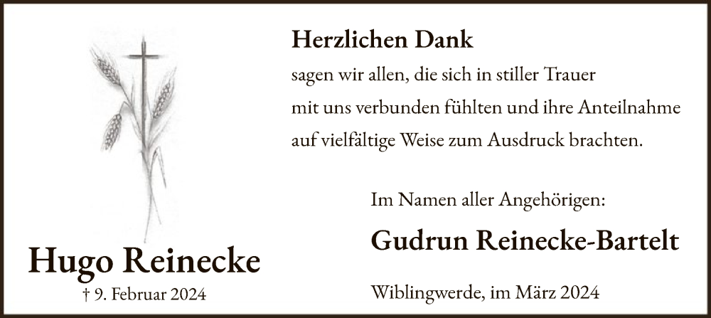  Traueranzeige für Hugo Reinecke vom 30.03.2024 aus WA