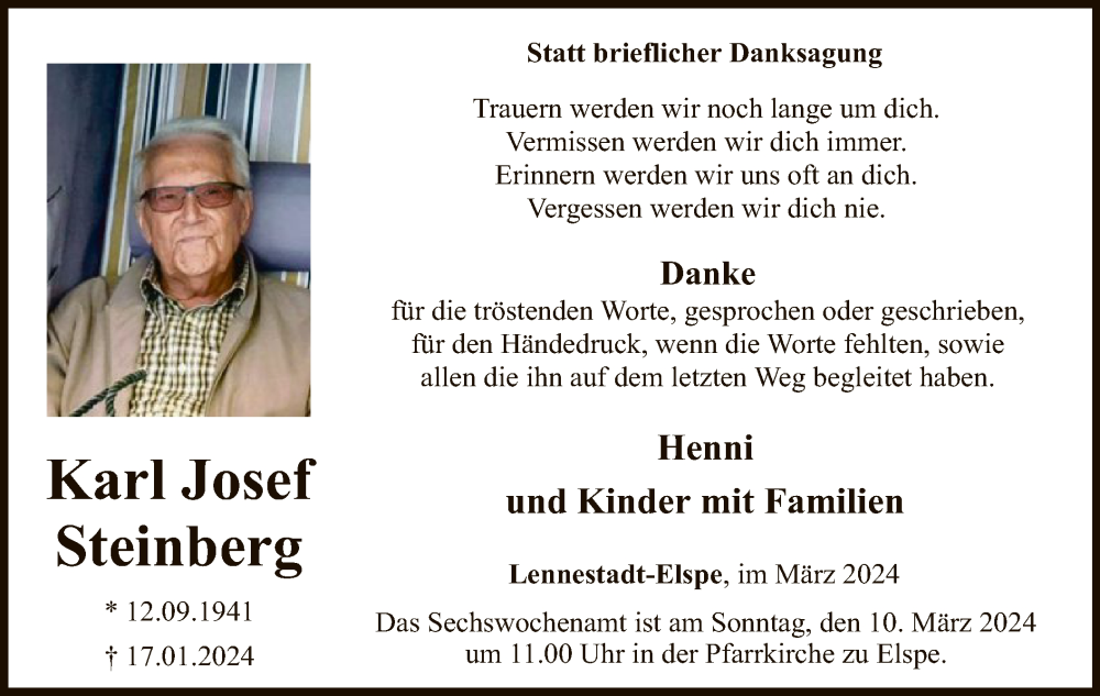  Traueranzeige für Karl Josef Steinberg vom 02.03.2024 aus WA