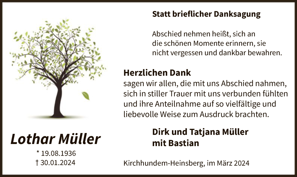  Traueranzeige für Lothar Müller vom 16.03.2024 aus WA