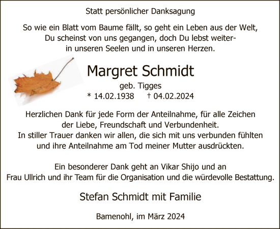 Traueranzeige von Margret Schmidt von WA