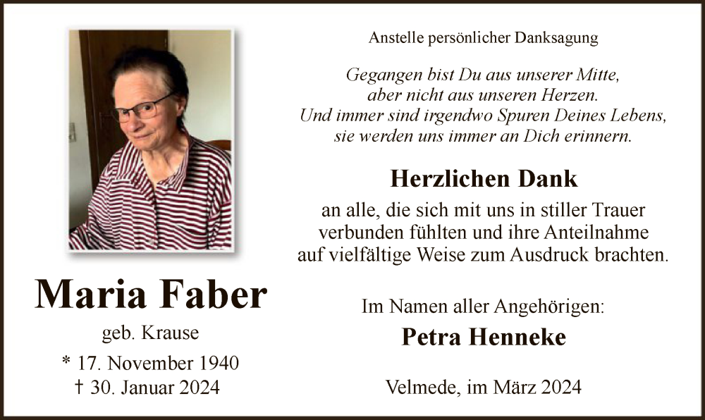  Traueranzeige für Maria Faber vom 02.03.2024 aus WA