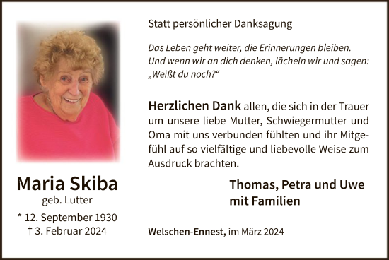 Traueranzeige von Maria Skiba von WA