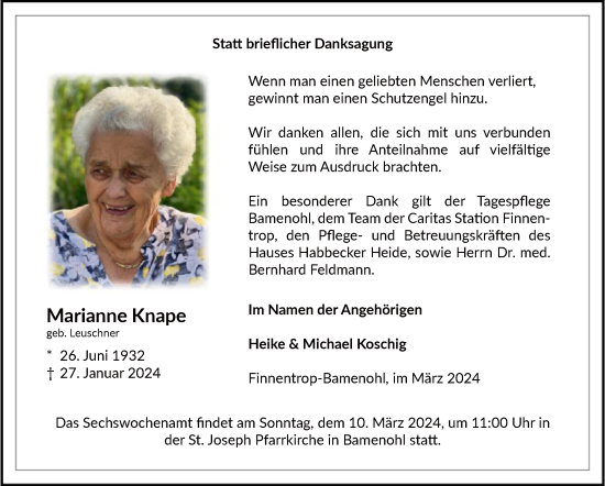 Traueranzeige von Marianne Knape von WA