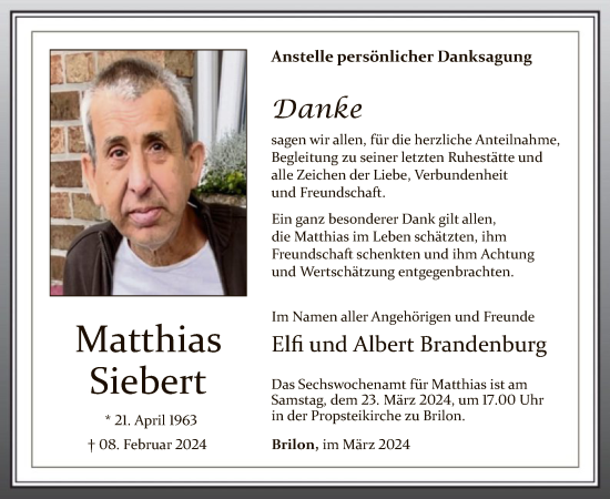 Traueranzeige von Matthias Siebert von WA