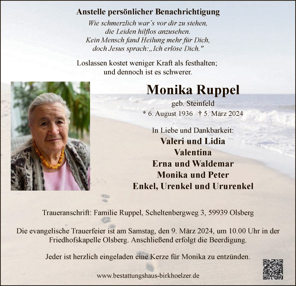  Traueranzeige für Monika Ruppel vom 09.03.2024 aus WA