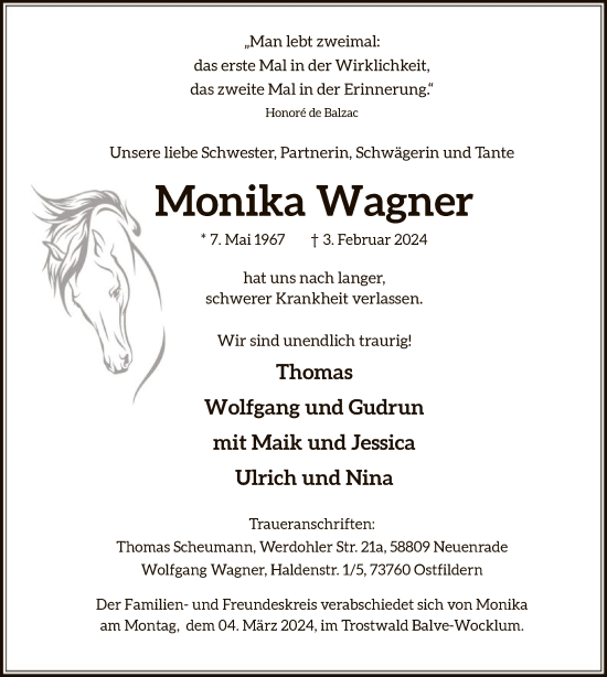 Traueranzeige von Monika Wagner von WA