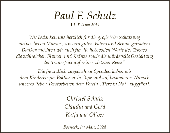 Traueranzeige von Paul F. Schulz von WA