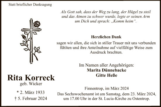 Traueranzeige von Rita Korreck von WA