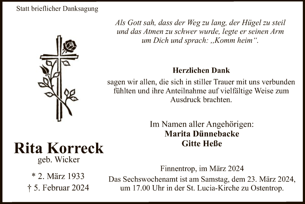  Traueranzeige für Rita Korreck vom 16.03.2024 aus WA