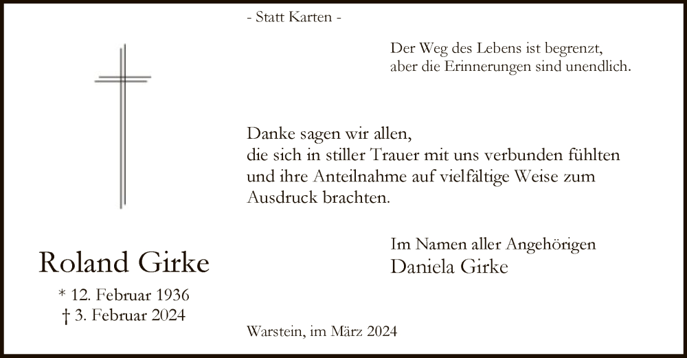  Traueranzeige für Roland Girke vom 30.03.2024 aus WA