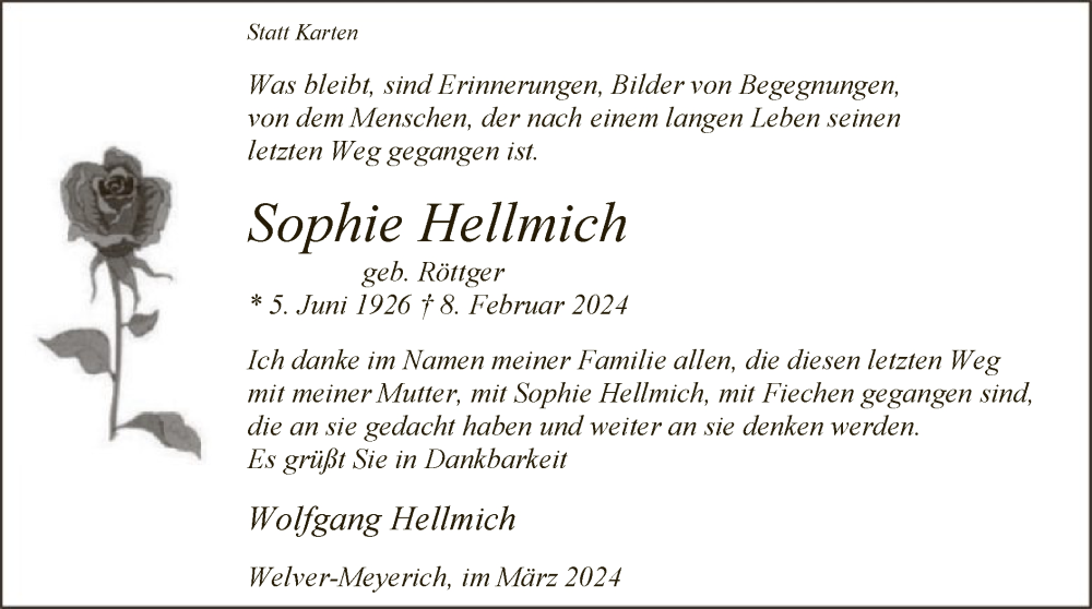  Traueranzeige für Sophie Hellmich vom 23.03.2024 aus WA