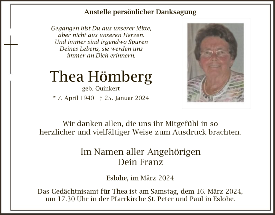 Traueranzeige von Thea Hömberg von WA