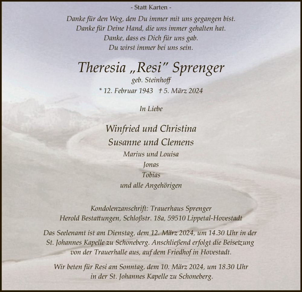  Traueranzeige für Theresia Sprenger vom 09.03.2024 aus WA