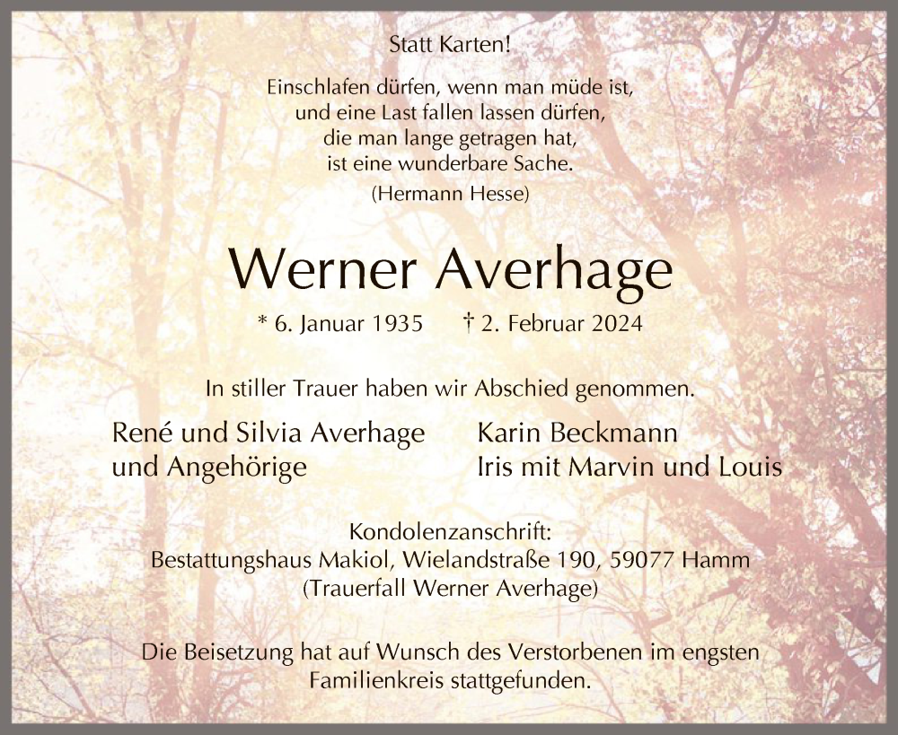  Traueranzeige für Werner Averhage vom 02.03.2024 aus WA