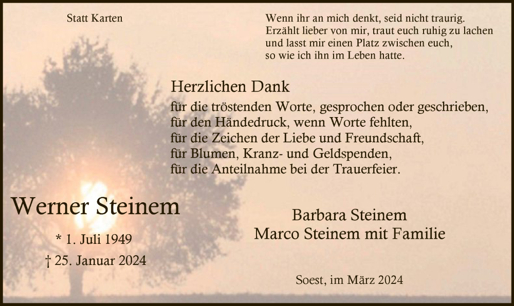  Traueranzeige für Werner Steinem vom 09.03.2024 aus WA