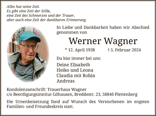 Traueranzeige von Werner Wagner von WA