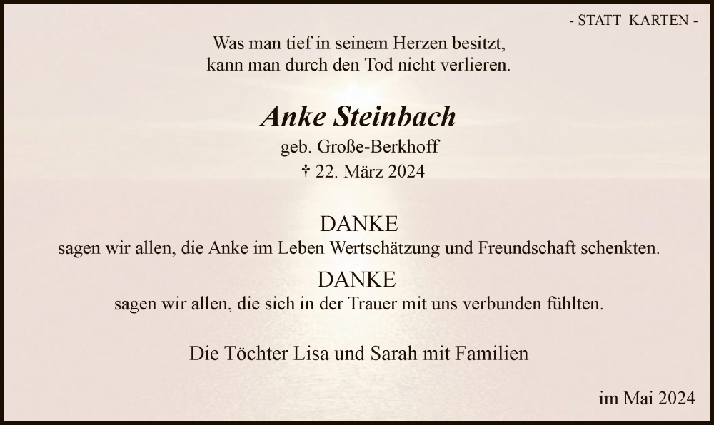  Traueranzeige für Anke Steinbach vom 27.04.2024 aus WA