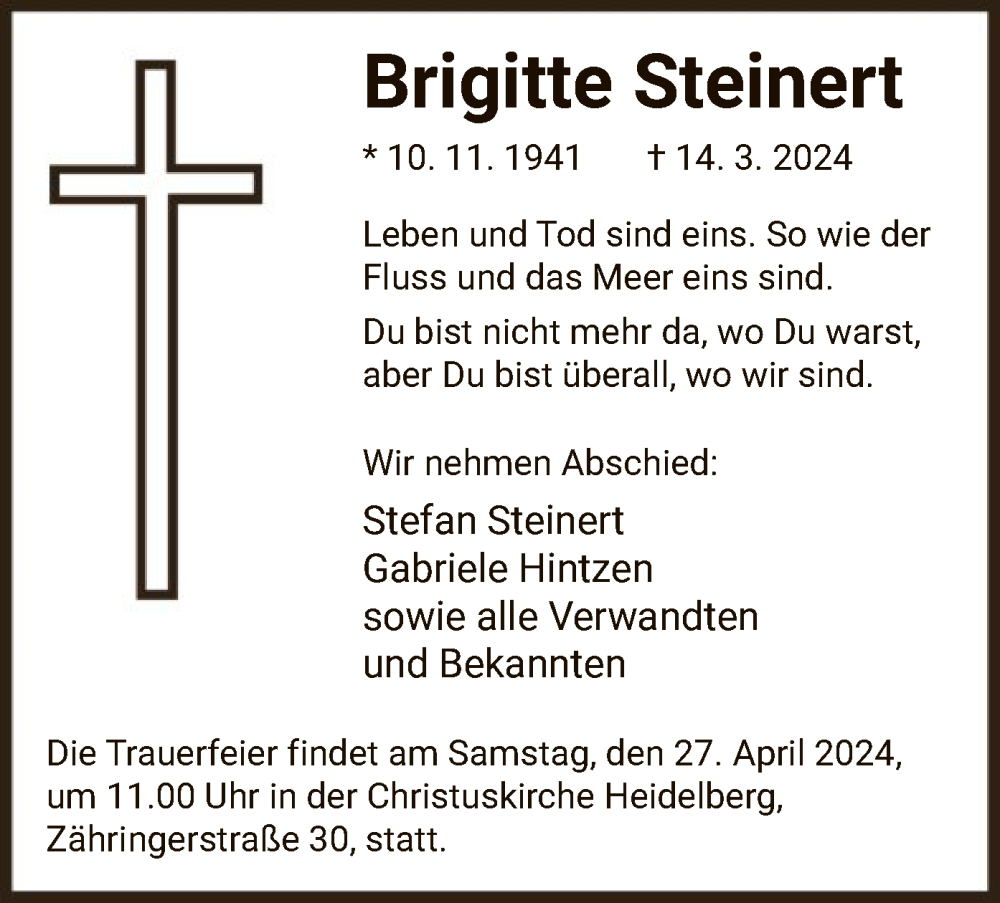  Traueranzeige für Brigitte Steinert vom 06.04.2024 aus WA