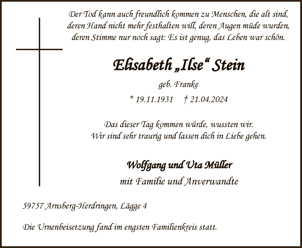  Traueranzeige für Elisabeth Stein vom 27.04.2024 aus WA