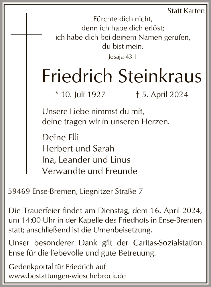  Traueranzeige für Friedrich Steinkraus vom 09.04.2024 aus WA