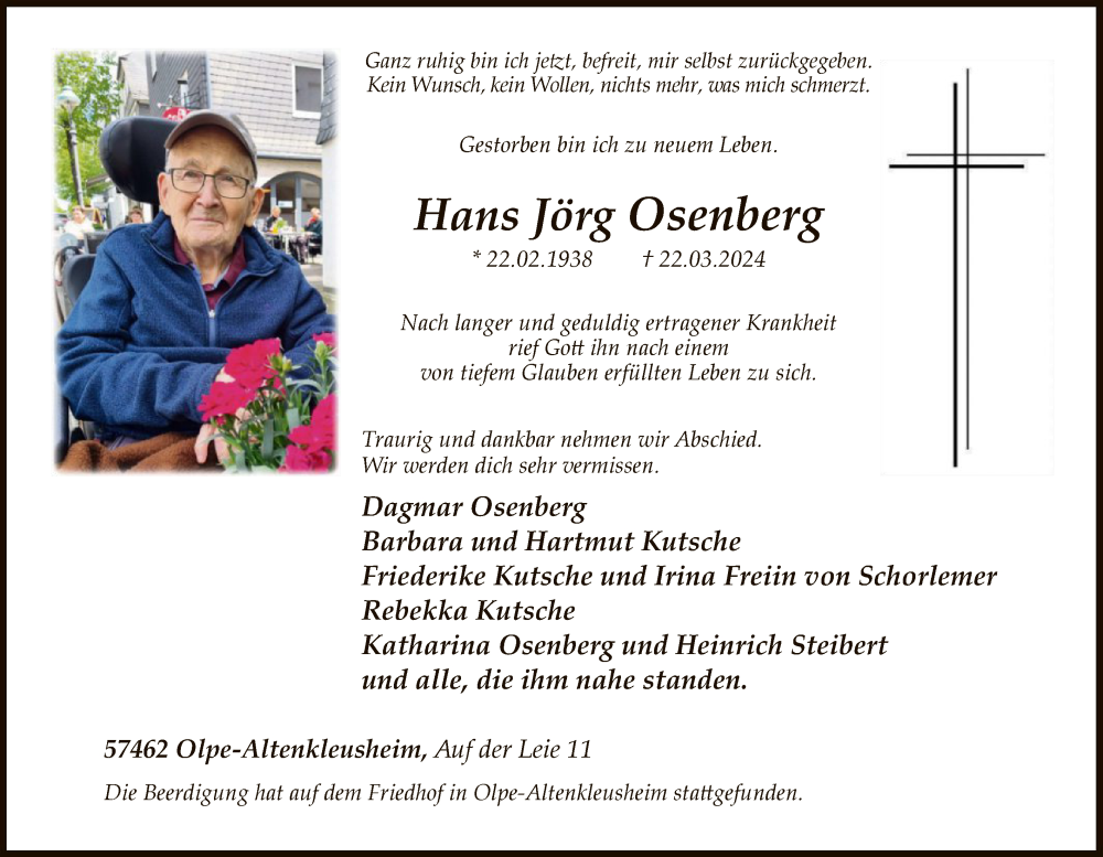  Traueranzeige für Hans Jörg Osenberg vom 06.04.2024 aus WA